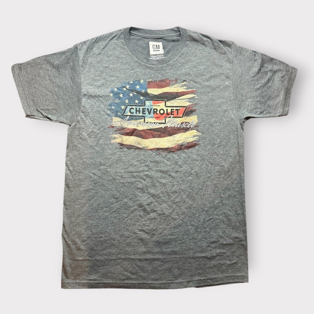 Chevrolet American Muscle T Shirt Mens Medium Gray GM Licensed USA Flag Graphic